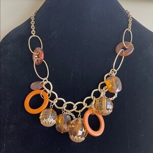 VINTAGE BOLD CHUNKY CHARM NECKLACE Amber-Color Acrylic Goldtone Metal Statement
